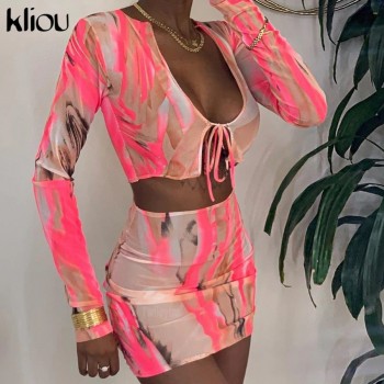 Sexy mesh see though 2 piece outfits full sleeve low-neck bandage sling crop top mini dress matching set 